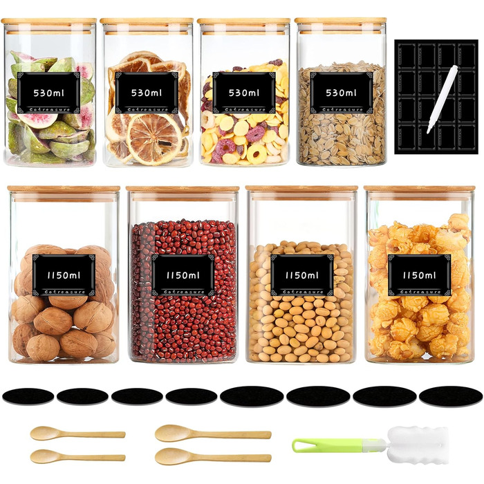 Cotreasure Storage Jars with Lids, 1150 ml x 530 ml Storage Jars with Lids, Airtight, Glass Containers, Spaghetti Storage, Spice Jars (42 Set)
