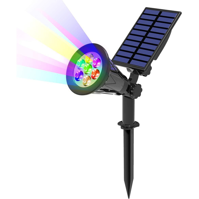 T-SUN LED Solar Spotlights, 2 Pack 4 LED Solar Garden Lights, Bright Garden Lights, 2 Lighting Modes, Safety Lighting, Large Outdoor Light for Lawn, Paths, Terrace (Cool White 6000K) (7led-rgb, 1 Piece)