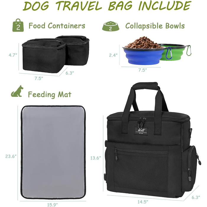Сумка для собак Wolt: переносна сумка для подорожей з набором мисок та контейнерами (чорна)