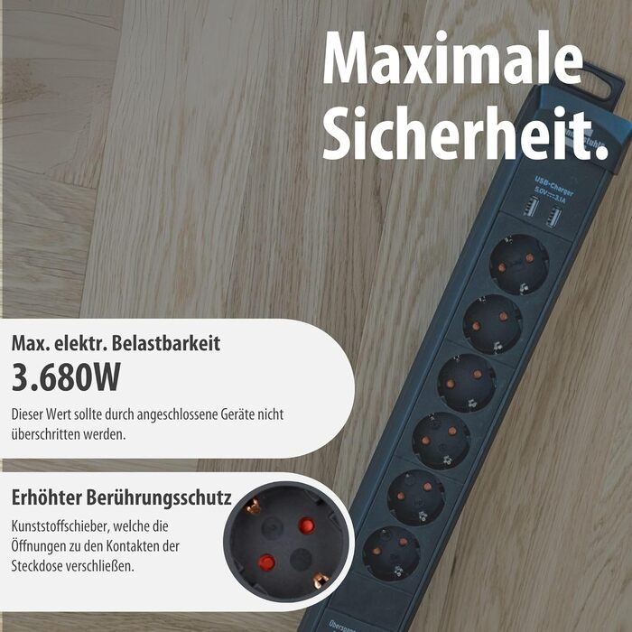 Брененштуль Steckdosenleiste Premium-Line: Розподільник розеток 6-фазний з захистом від перенапруги до 60000A, з вимикачем, 3м кабель, 2x USB 3.10A, для монтажу на стіну, Made in Germany, чорний, захист від витоку струму 60000A