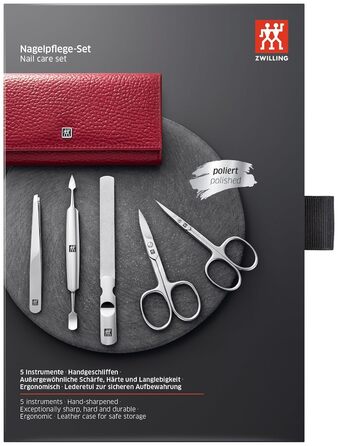Набір для манікюру та педикюру ZWILLING (5 предметів) з екошкіряним кейсом, нержавіюча сталь, червоний