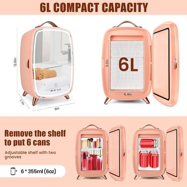 Mini Cosmetic Cooler with LED Mirror - 6 Liter Portable Makeup Fridge with 3 Light Modes (Bright/Dim/Star Light) & Quiet Operation