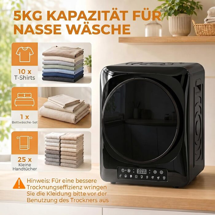 Компактна сушарка для білизни HOMCOM 5 кг, міні-сушарка з відводом повітря, 9 програм, 1000 Вт, чорна