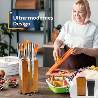 Набір кухонних ножів 6 предметів з дерев'яним блоком: ніж шеф-кухаря, сантоку, для хліба, фруктів, універсальний, з точилкою