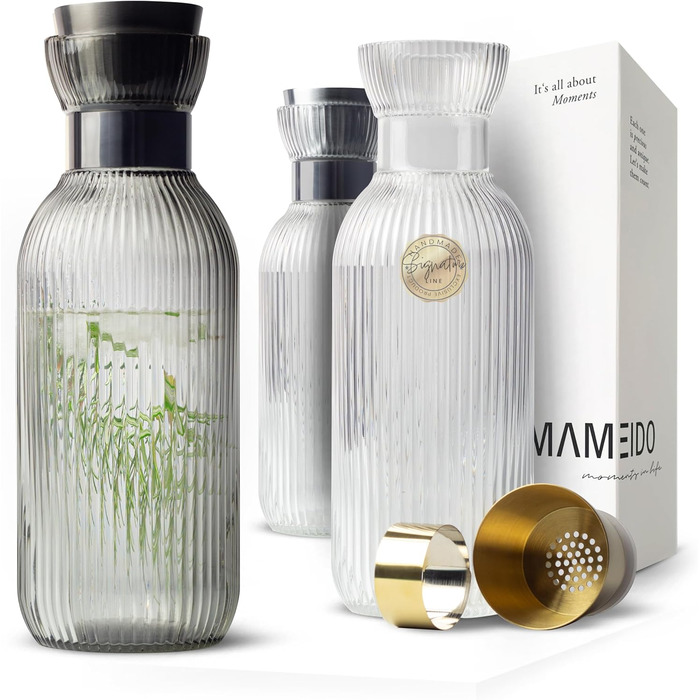MAMEIDO Water Carafe 1.5l & 1l - Glass Carafe with Lid & Strainer, Mouth-Blown Glass Carafe, Water Pitcher with Elegant Look for Special Occasions, Carafe for Gifting (Smoke Black, 1500ml)
