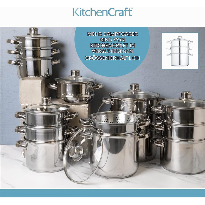 Набір каструль KitchenCraft з пароваркою, 3 предмети, нержавіюча сталь, для індукційних плит, 22 см, сріблястий