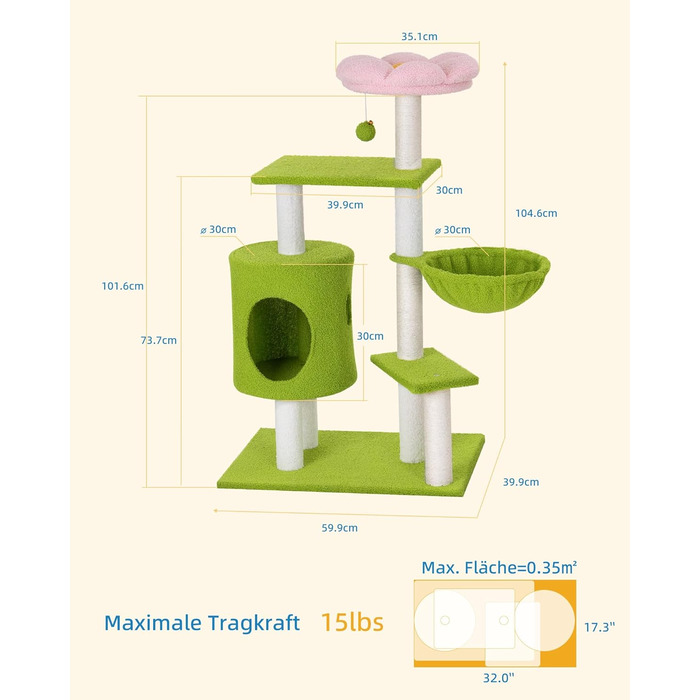 Кігтеточка-будинок для котів з квітами, 104 см, зелено-рожевий. Багатоповерхова кігтеточка з гамаком та будиночком.