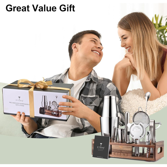 Набір бармена Etens 15 предметів з дерев'яною підставкою – набір шейкерів Boston з нержавіючої сталі з мірним стаканом, стрейнером, мадлером та аксесуарами для бару – професійний міксологічний набір у подарунок для дому та бару