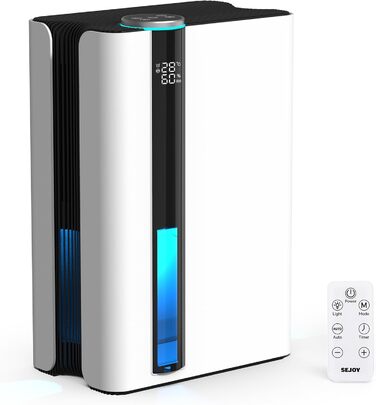 Електричний осушувач повітря Sejoy з пультом дистанційного керування, LED-індикатором вологості, резервуаром 2,5 л, продуктивністю 1000 мл/день, 7-кольоровою підсвіткою, портативний, тихий режим сну 35dB