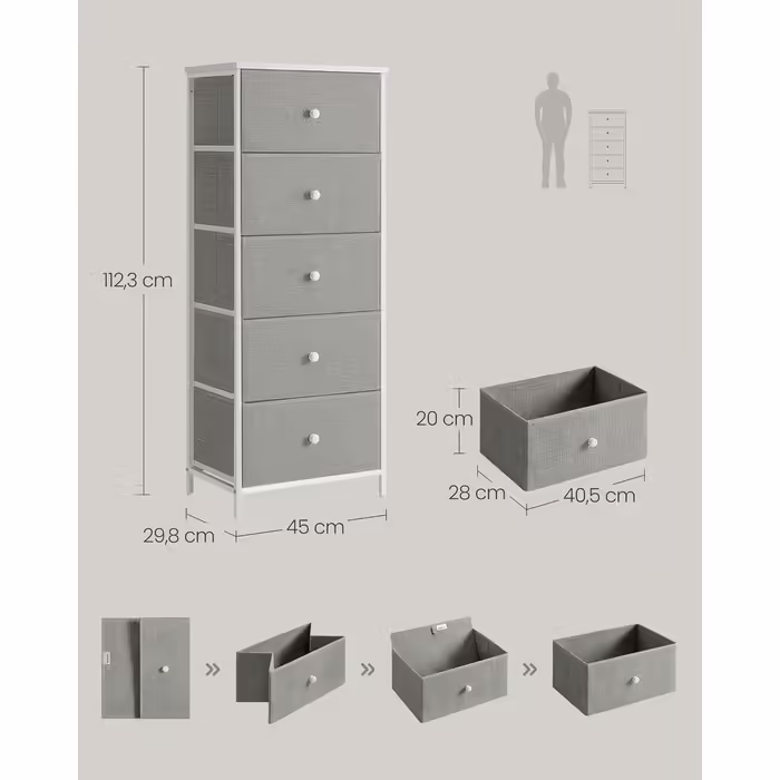 SONGMICS Chest of Drawers, Storage Cabinet with 4 Fabric Drawers, Metal Frame, Tall and Narrow, White-Oak Finish LTS314W57 (Pigeon Gray + Cream White, 29.8W x 45D x 112.3H cm (5 Drawers))
