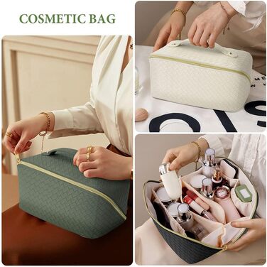 Косметичка для подорожей з PU шкіри, велика містка, водонепроникна, органайзер для туалетних аксесуарів (зелений колір, плетіння)
