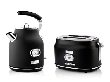 Набір для сніданку Westinghouse Retroline (Тостер та Чайник), 1.7 л, фільтр від накипу, захист від перегріву, тостер з підігрівом для бургерів, піддон для крихт, чорний
