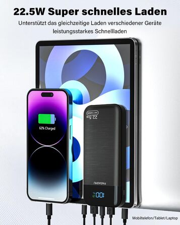 Портативний зарядний пристрій Power Bank 27000mAh з LED дисплеєм та 3 виходами, 2 входами, швидка зарядка 22,5W/PD20W, USB-C
