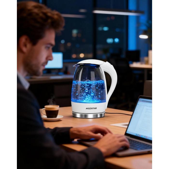 Електричний чайник Aigostar 1.7 л, 2200 Вт, зі скляною колбою, LED-підсвічуванням, без BPA, з фільтром від накипу, чорний (Eve)