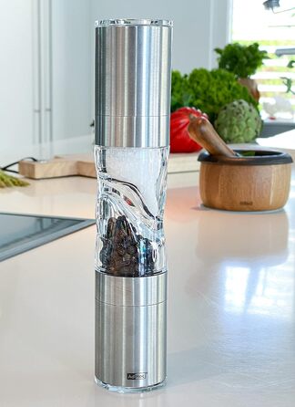AdHoc DUOMILL PURE MP900 комбінована млинниця для солі та перцю, нержавіюча сталь та акрил, керамічні жорна, подвійна млинниця з ароматозахистом, подарункова упаковка, срібляста