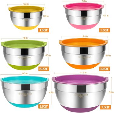 Umite Boss Mixing Bowls with Airtight Lids, 6-Piece Stainless Steel Metal Bowls by Chef, Measuring Markings and Colorful Non-Slip Bottoms, Sizes 7, 3.5, 2.5, 2.0, 1.5, 1 QT, ideal for mixing