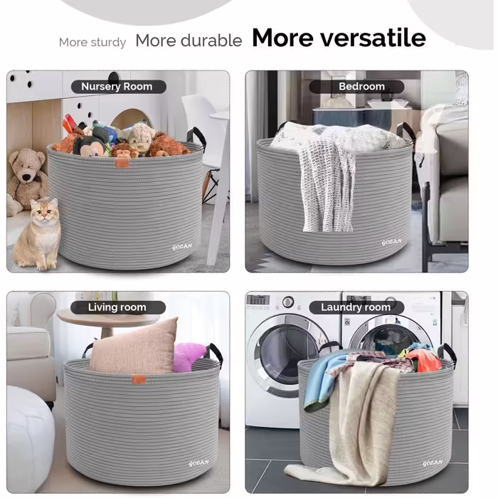 GOCAN XXXL Storage Basket Large Woven Cotton Rope Laundry Basket Clothes Collector for Blankets, Pillows in the Living Room, Clothes, Toys in the Children's Room, Pure Grey, D55 x H35cm