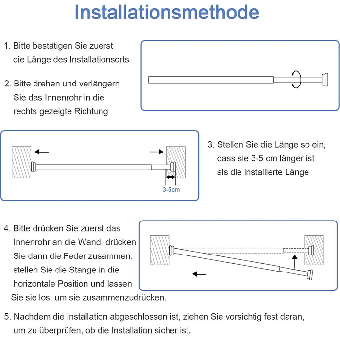 Тeleskopна штанга для душу з нержавіючої сталі 35-60 см, без свердління, для штори