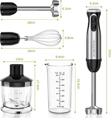 Bonsenkitchen Immersion Blender, 4-in-1 Electric Stick Blender, 1000W Variable Speeds, Stainless Steel, Whisk, 500ml Chopper and 700ml Measuring Cup for Baby Food, HB3203 (Black)