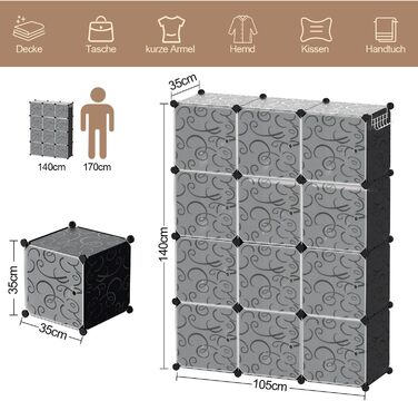 DIY Closet Shelf System, 16 Cubes Wardrobe Closet, Open Wardrobe, Plastic Wardrobe with Doors, Wardrobe Cabinet, Black, 180 x 142 x 37CM (Black 12 Cubes with Clothes Hooks)