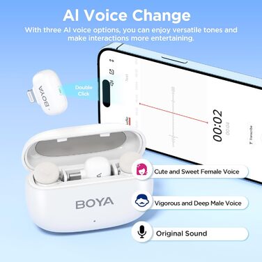 BOYA Mini 2: Бездротовий петличний мікрофон для iPhone 15/16/17 та Android (USB-C), 48kHz/24Bit, для Vlogging та TikTok, білий