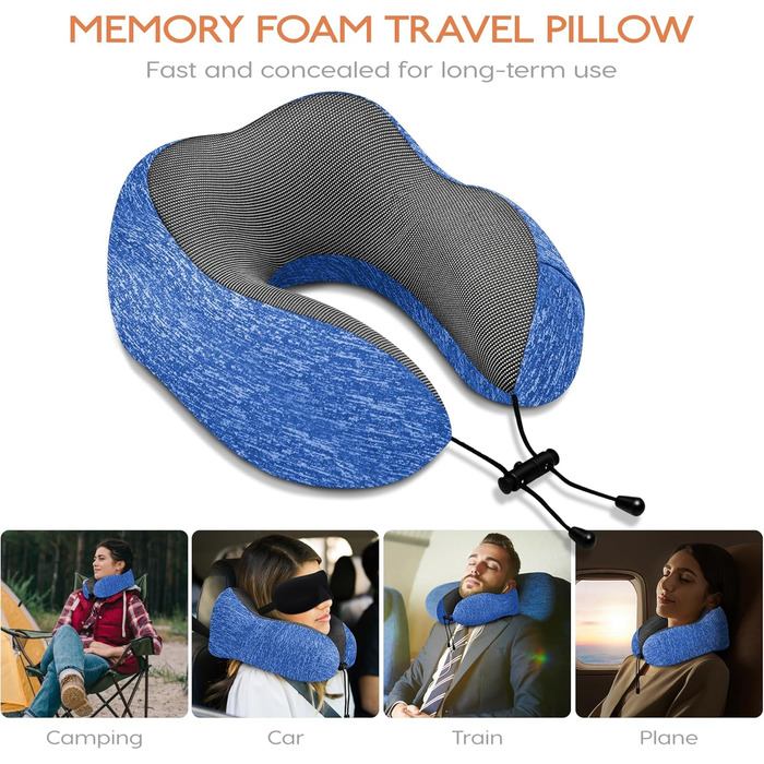 Подушка для шиї у літак - туристична подушка з Memory Foam - портативна подушка для подорожей - з 3D-маскою для сну та берушами - ідеальна для літака, авто, дому, офісу, подушка для сну (Блакитна)