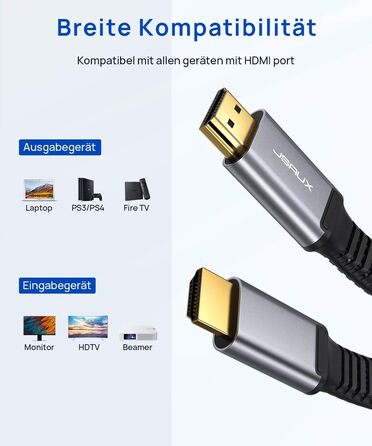 Кабель HDMI JSAUX 4K 3 метри (4K@60Hz, HDMI 2.0, 18Gbps) - Плоский, нейлонова обплітання, High Speed, сірий. Підтримка HDR, UHD 2160p, 1080p, 3D, Ethernet, ARC для PS3/4, TV, PC