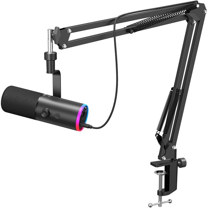 Професійний USB/XLR мікрофон TONOR TD510 AIR S+H для стрімінгу та подкастів з AI шумозаглушенням, RGB підсвіткою, кріпленням-пантографом, чорний