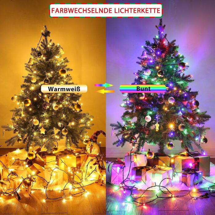 Ланцюжок прикрас Joomer 200 LED, 20 метрів, на батарейках з таймером, 8 режимів, вологостійкий, для декорування ялинки, саду, вечірки, шлюбу, внутрішнього та зовнішнього використання, тепле біле світло, зелений кабель