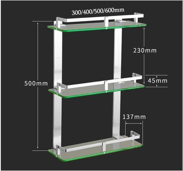 Modern Bathroom Shelf Made of Tempered Glass with 3 Tiers, Wall Mount, Storage Shelf for Bathroom and Kitchen (60 cm)