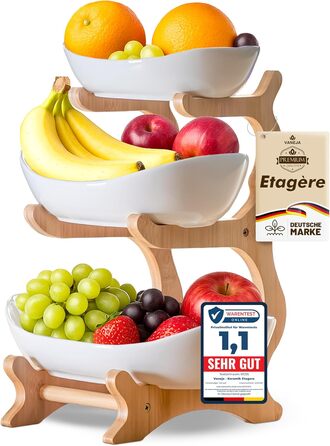 Керамічна фруктова тарілка на 3 яруси з бамбуковою підставкою | Obst Etagere | Сучасна тарілка для фруктів, закусок, випічки для кухні та вітальні
