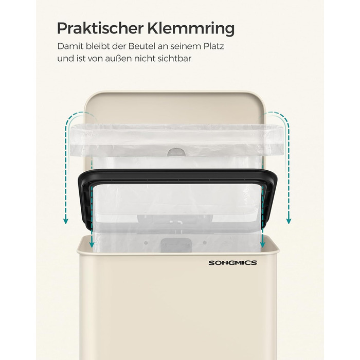 Відро для сміття SONGMICS 40 л, сталеве, з м'яким закриттям, з мішками, пісочно-бежеве (LTB540A02)