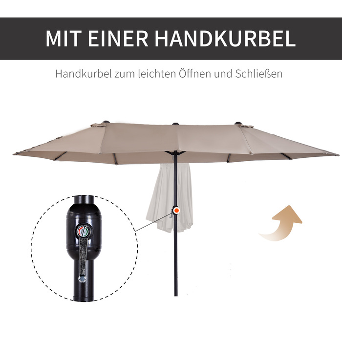 Outsunny Market Umbrella, Double Canopy Umbrella with Hand Crank, Oval 460 x 270 x 240 cm in Light Coffee for Garden & Terrace