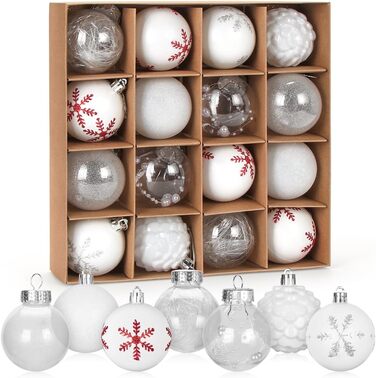 Набір прикрас на ялинку 16 шт. Кульки з пластику 6 см, розписані, для ялинки, набір, декорації (білий)