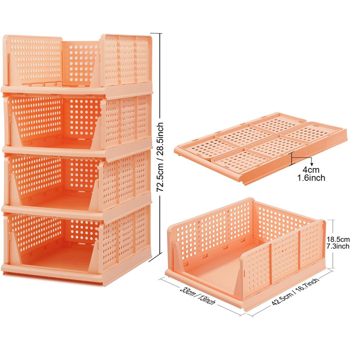 4 Pack Stackable Foldable Closet Storage Box Organizer (Easy Open and Fold), Plastic Closet Shelf Organizer Box, Bedroom, Kitchen (Pink)