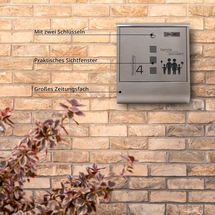 Поштовий ящик Grafner з нержавіючої сталі, персоналізований з газетницею та 2 ключами. Гравіювання імені, вулиці та номера будинку. Комплект для монтажу (Сім'я 4)