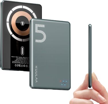 Power Bank Kuulaa Ultra Slim Magsafe, 5000mAh, Бездротова зарядка, Type-C, 20W, для iPhone 15/14/13/12, Space Gray