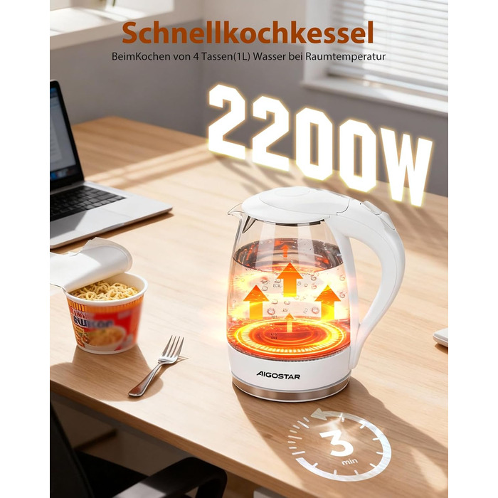 Електричний чайник Aigostar 1.7 л, 2200 Вт, зі скляною колбою, LED-підсвічуванням, без BPA, з фільтром від накипу, чорний (Eve)