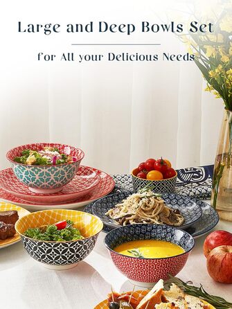 Набір тарілок для мюслі DOWAN (6 шт.), 680 мл, діаметр 15,2 см, кольорові, великі, набір тарілок для вечері, Різдва, супу, салату, кукурудзяних пластівців, з квітковим візерунком