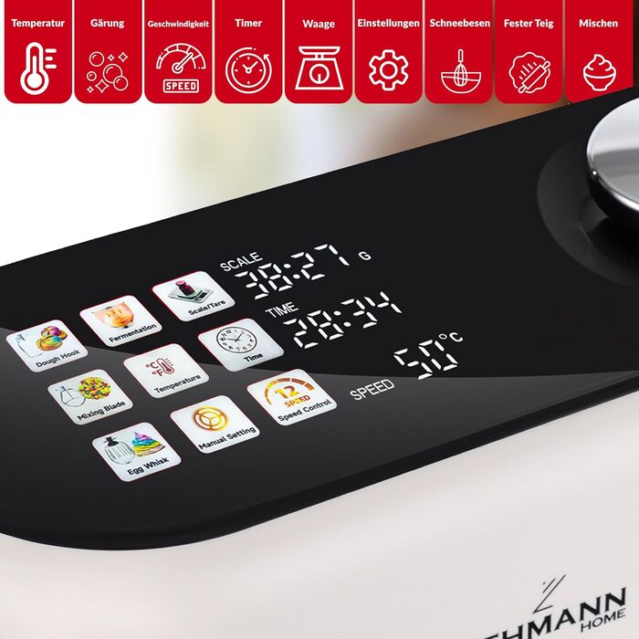 Кухонна машина Lehmann з дисплеєм, 1500 Вт, 12 швидкостей, функція ферментації з підігрівом, вбудовані ваги, таймер, чаша 5 л та 3 насадки-мішалки, Бежевий