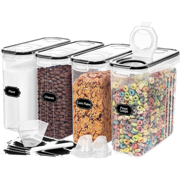 Skroam 4L Storage Containers Set with 4, Cereal Dispenser & Airtight Freshness Containers, BPA-free Plastic Storage Containers, for Grains, Flour, Sugar