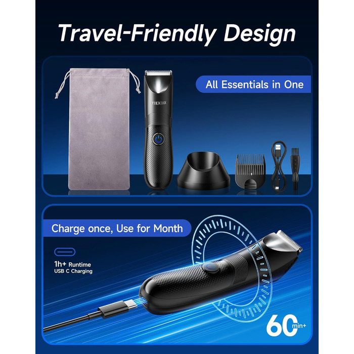 Електричний триммер для чоловічих інтимних зон VIKICON з LED-підсвічуванням, водонепроникний, для тіла та гоління, акумуляторний, чорний