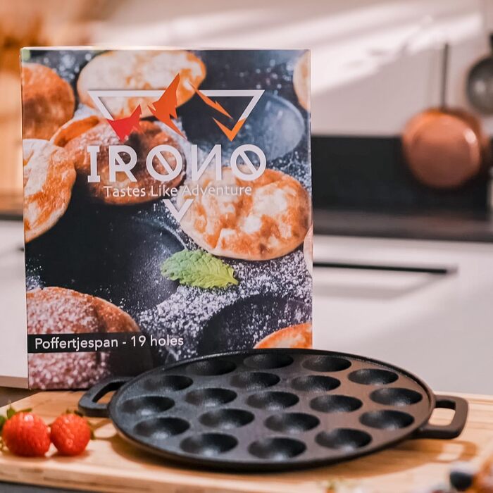 Чавунна сковорода для міні-панкейків IRONO Poffertjes, 19 отворів, з аксесуарами (масляний пензлик, лопатка, 6 виделок, пляшка для тіста, ручки)