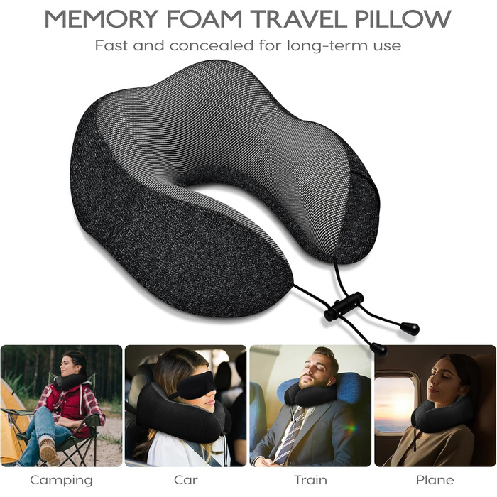 Подушка для шиї у літак - 100% Memory Foam - Зручна подушка для подорожей - з 3D-маскою для сну та навушниками - Ідеально для літака, авто, дому, офісу, чорна