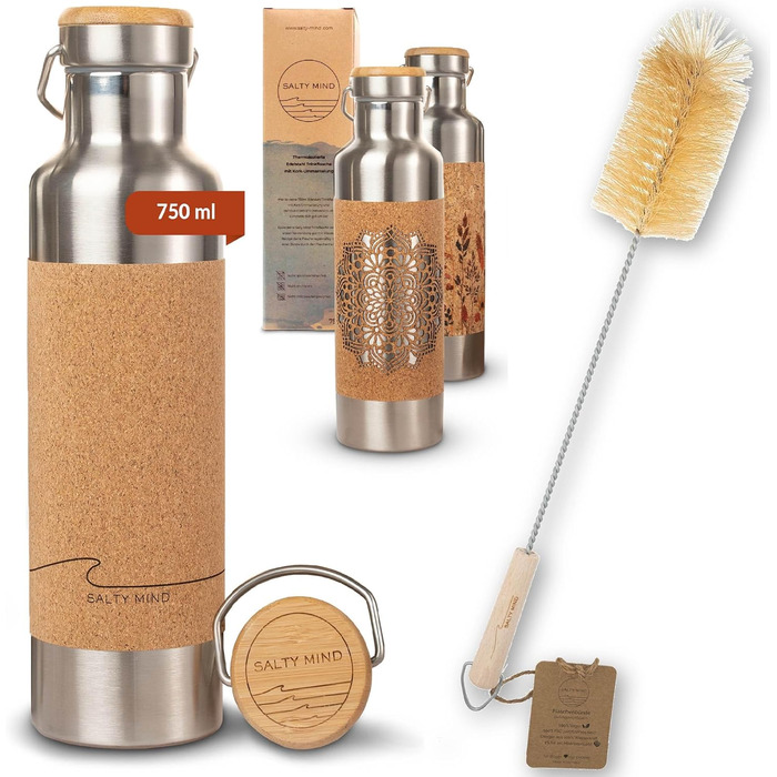 Stainless Steel Water Bottle 750ml - Sustainable, insulated thermal water bottle made of stainless steel, leak-proof - Iso bottle free from harmful substances, BPA-free - Thermos drinking bottle (floral print) (wave (engraving) + bottle brush)