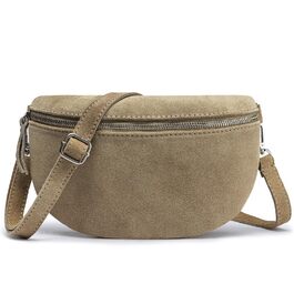 Сумка поясна жіноча Frentree® зі шкіри, Італія, крос-боді, на плече, срібний блискавка, велика (MAXI), бежево-срібляста, замша