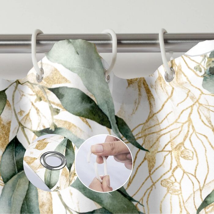 Штора для душу M&W DAS DESIGN з поліестеру, листя зелено-золоті, водонепроникна, з кільцями, 180x200 см