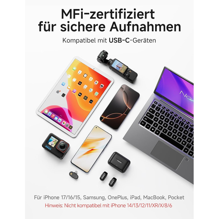 Мікрофон MAONO Wave T1 Mini USB-C: бездротовий, для iPhone/Android, з шумозаглушенням, для YouTube, Vlog, запису звуку