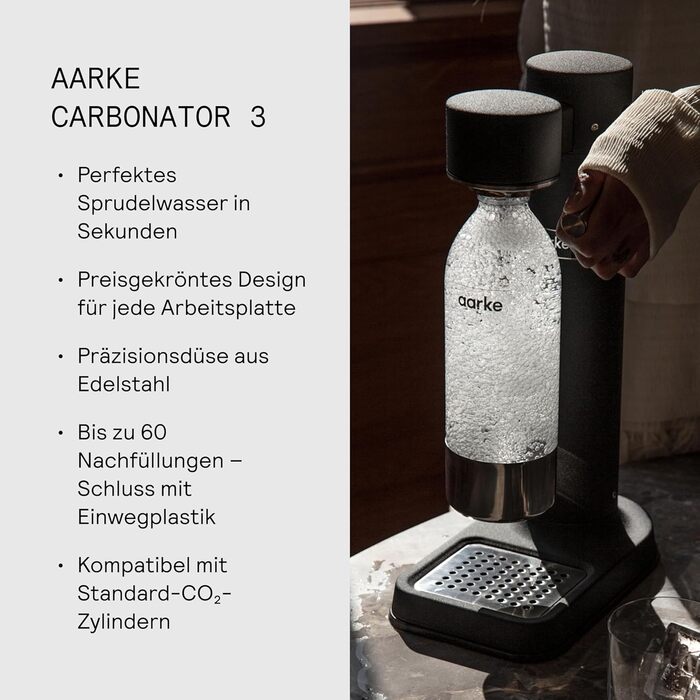 Aarke Carbonator 3 - Содовий апарат з нержавіючої сталі матового чорного кольору з 2 пляшками PET 1л без BPA. Для газування води з крана, сумісний з CO2 циліндрами 60л.