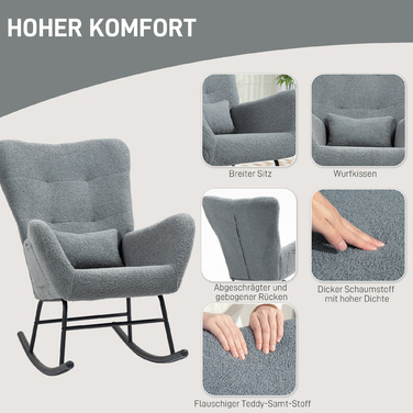 HOMCOM Rocking Chair, Rocking Armchair with Teddy Fabric Look, Armrests, Still Chair with Wooden Skids, Lumbar Pillow, Relax Chair with Side Pocket for Living Room, Bedroom, Grey | Aosom